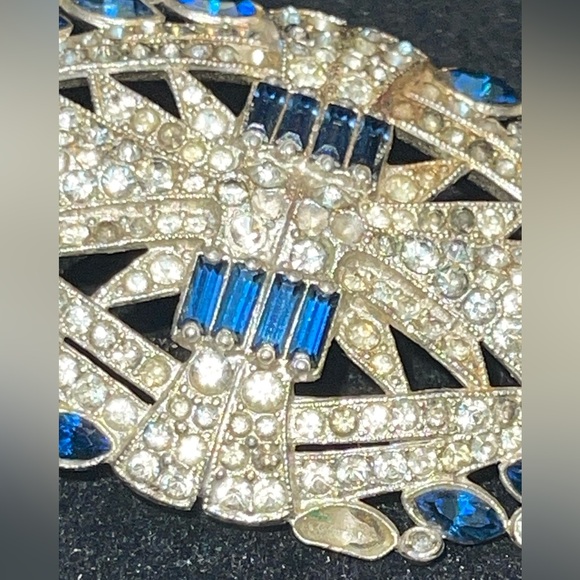 Vintage Art Deco Pavé Brooch 1920s-40s ✨ Blue Baguettes & Clear Rhinestones ✨ - Picture 8 of 12